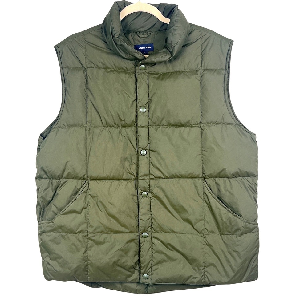 Lands End Puffer Vest Mens L Quilted Snap Front Olive Green Gorpcore Winter
